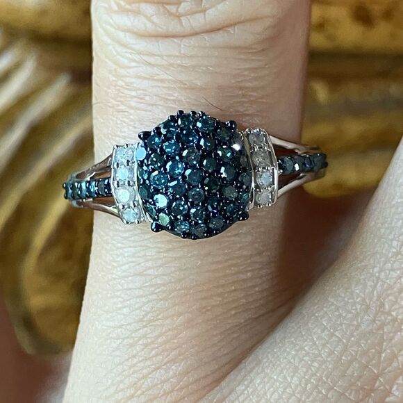 Natural Blue Diamond Sterling Silver Ring Size 8 - Picture 1 of 9